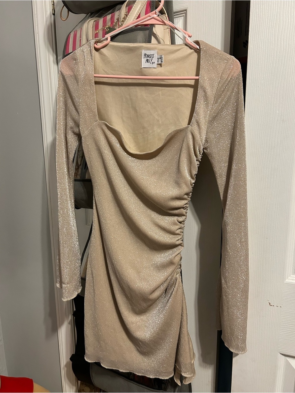 Princess Polly Champagne Shimmer Ruched Long-Sleeve Mini Dress